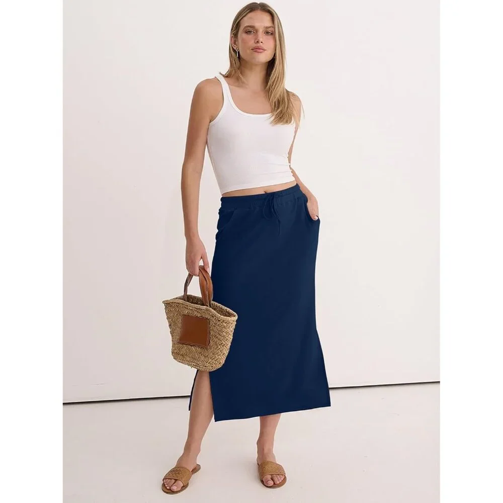 Women's Navy Blue Drawstring Side Slit Spring Casual Pencil Pockets Maxi Skirt - Picture 3 of 6